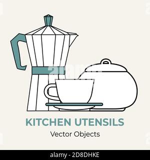 Moka pot coffeemaker cup sugar bowl simple form vector illustration. Line illustration isolated logo icon cafe menu Stock Vector