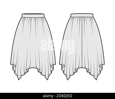 Skirt handkerchief technical fashion illustration with circular knee silhouette, pencil fullness, thin waistband. Flat bottom template front, back, grey color style. Women, men, unisex CAD mockup Stock Vector