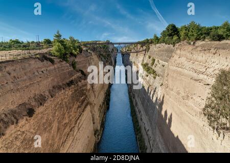 The stunning Corinth Canal connecting the Gulf of Corinth in the Ionian Sea with the Saronic Gulf in the Aegean Sea. Stock Photo