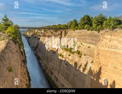 The stunning Corinth Canal connecting the Gulf of Corinth in the Ionian Sea with the Saronic Gulf in the Aegean Sea. Stock Photo