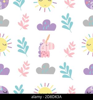 Seamless bright pattern with cute unicorn, clouds, sun, leaves on a white background, in vector graphics. For decorating wrapping paper, prints for Stock Vector