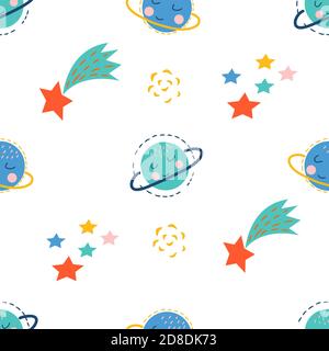 Seamless pattern with cute space planets, stars on a white background, in vector graphics. For decorating wrapping paper, prints for children's Stock Vector