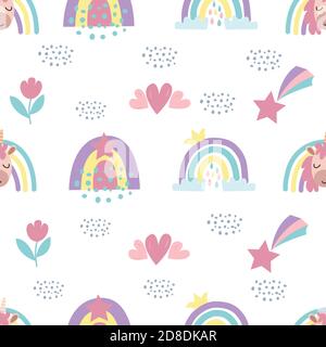 Seamless pattern with cute bright rainbow, unicorn, stars, flowers in vector graphics. For decorating covers, prints for children's clothing, pajamas Stock Vector