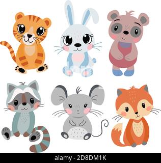 Set of cute little cartoon tiger, rabbit, mouse, panda in vector graphics on a white background. For design, notebook covers, t-shirts, prints for Stock Vector