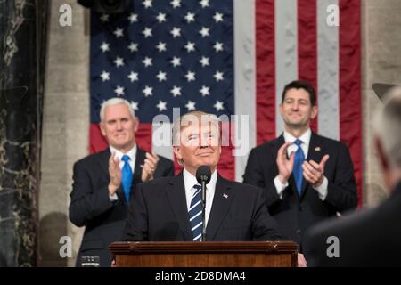 WASHINGTON DC, USA - 28 February 2020 - Flanked by Vice President Mike Pence and House Speaker Paul Ryan (R-WI), President Donald Trump delivers his J Stock Photo