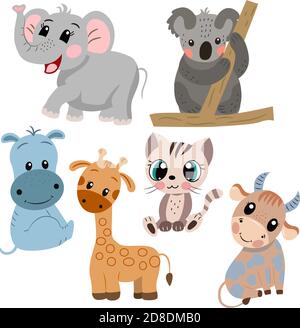 Image with a set of cute cartoon elephant, koala, giraffe, hippo, bull, cat in vector graphics on a white background. For design, prints for children Stock Vector