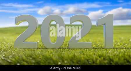 New year 2021 white digits number on fresh green lawn, blue cloudy sky background. Sunny day, freedom, travel concept. 3d illustration Stock Photo