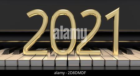2021 new year golden number on piano keys, closeup font view. New year eve music concept. 3d illustration Stock Photo