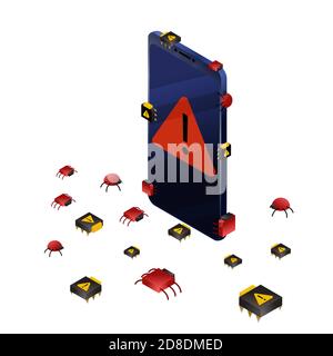 Smartphone bugs and viruses. Isometric vector illustration data protection, information security concept. Display with red error symbol isolated Stock Vector