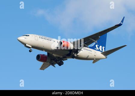 ST. PETERSBURG, RUSSIA - OCTOBER 25, 2018: The Boeing 737-700 (SE-REZ)  of SAS Scandinavian Airlines before landing on the Pulkovo Airport Stock Photo