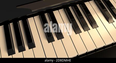 Piano keys, view from above. Soft light on piano keyboard, closeup view. Classic music concept. 3d illustration Stock Photo