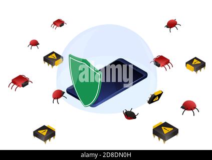 Smartphone in glass dome and danger bugs and viruses around it. Isometric vector illustration data protection, information security concept. Stock Vector