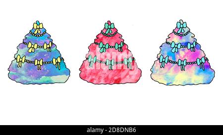 Hand drawn Christmas tree set. Watercolor hand drawn doodle. Watercolor texture. Christmas tree set on white background. Element for design. Stock Photo