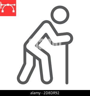 Old man with cane line icon, disability and pensioner, old man with walking stick sign vector graphics, editable stroke linear icon, eps 10. Stock Vector