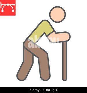 Old man with cane color line icon, disability and pensioner, old man with walking stick sign vector graphics, editable stroke filled outline icon, eps Stock Vector