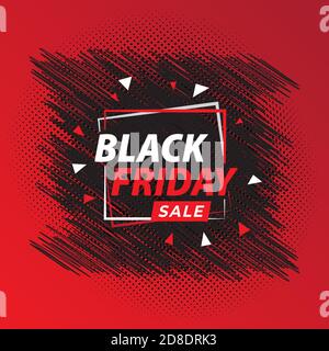 Black Friday Sale Banner with scribbles and halftone ornament on red color background. Social media post design template. Vector illustration. Stock Vector
