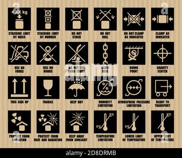 Full vector set of ISO transportation symbols for industrial package handling. Black warning icons of international cargo delivery isolated on cardboa Stock Vector