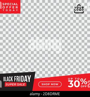 Black Friday sale banner. Social media post design template. Special offer up to 30% off. Black and red color theme. Vector illustration Stock Vector