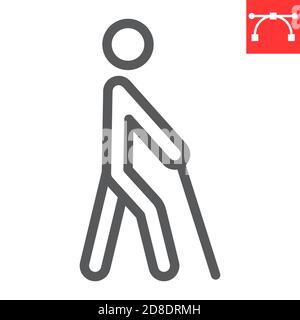 Blind man with walking stick line icon, disability and blindness, blind person sign vector graphics, editable stroke linear icon, eps 10. Stock Vector