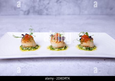 Scallops with caviar, microgreens and green sauce on a white plate. Close-up. Stock Photo