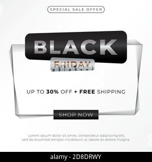 Black Friday sale banner. Social media post design template. Special offer up to 30% off and free shipping. Minimal, clean, simple, elegant, premium, Stock Vector