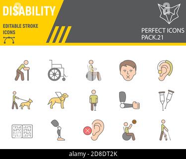 Disability color line icon set, disabled people collection, vector sketches, logo illustrations, disability icons, disabled signs filled outline Stock Vector