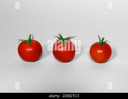 Cherry Freshness Tomatoes Line up on Grey Background Space for Text, Copyspace Stock Photo