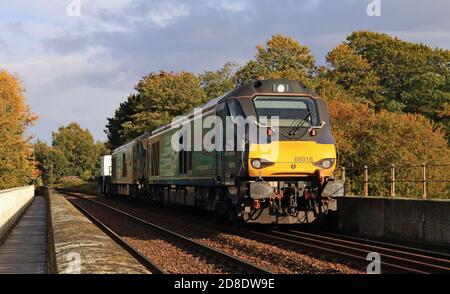 Two DRS Diesel locomotive’s cross Wetheral viaduct with a train of nuclear waste from Hartlepool nuclear p s to the reprocessing plant at Sellafield Stock Photo