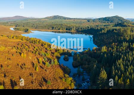 Aerial view of Stroan Loch in autumn, Galloway Forest, Dumfries & Galloway, Scotland