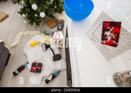 Interior of room after New Year party Stock Photo