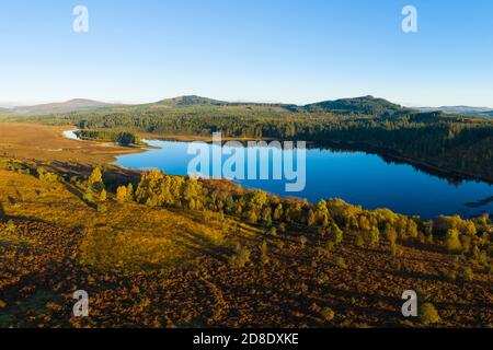 Aerial view of Stroan Loch in autumn, Galloway Forest, Dumfries & Galloway, Scotland