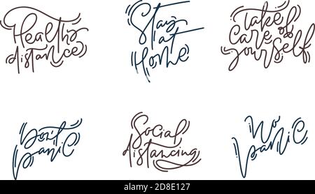 Set of hand lettering messages for stay home campaign. Protect from Coronavirus or Covid-19 epidemic, hashtags in speech bubbles. Self-isolation Stock Vector
