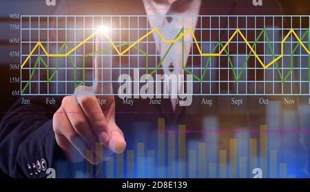Businessman Hand Touching Virtual Financial Graph On Digital Panel, Analysing Annual Data Stock Photo