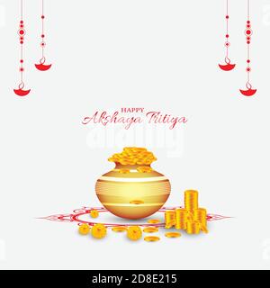 Vector illustration of Akshaya Tritiya celebration with a golden kalash,gold bar and gold coins on decorated background. Abstract design. Stock Vector