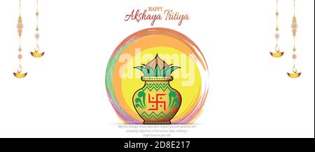 Vector illustration of Akshaya Tritiya celebration with a golden kalash,gold bar and gold coins on decorated background. Abstract design. Stock Vector