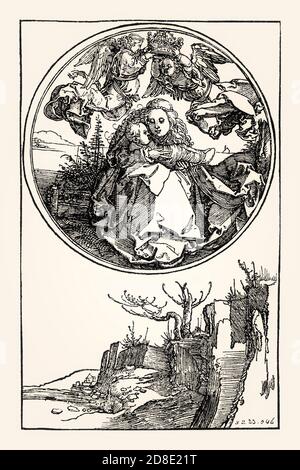 The Virgin Mary and Christ Child crowned by two Angels, Albrecht Dürer, woodcut, 16th century Stock Photo