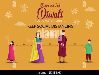 vector illustration of Hindu family celebrating on Happy Diwali Indian holiday background. covid 19, corona virus concept, keep social distancing Stock Vector