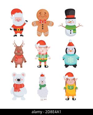 icon set of christmas characters and animals over white background, colorful design, vector illustration Stock Vector