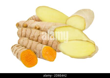 Curcuma and ginger roots isolated against white background Stock Photo