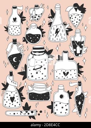 Set of magic cartoon bottles and love potions. Monochrome vector illustration. Magic elixir hand drawn collection. Witch and magic symbol Stock Vector