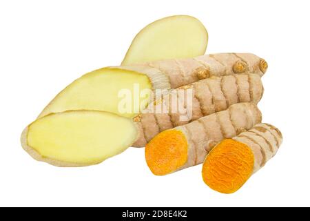 Curcuma and ginger roots isolated against white background Stock Photo