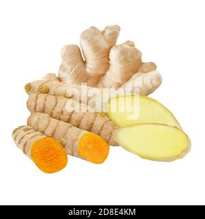 Curcuma and ginger roots isolated against white background Stock Photo