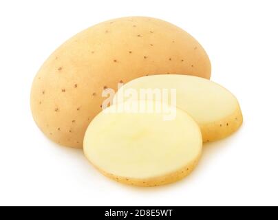 Isolated potato. Whole raw washed potato and two slices isolated on white background Stock Photo
