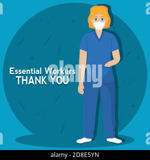 Nurse picture blue thank you essentials workers- Vector Stock Vector