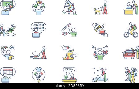 Teenager work experience RGB color icons set Stock Vector