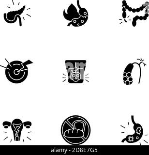 Pain in belly black glyph icons set on white space Stock Vector