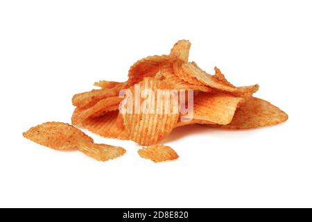 Handful of corrugated potato chips isolated on white background Stock Photo