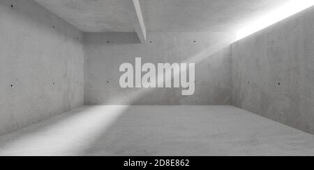 Abstract empty, modern concrete walls hallway room with small window opening and rough floor - industrial interior background template, 3D illustratio Stock Photo