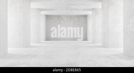 Abstract empty, modern concrete room with indirect lighting thru side pillars and rough floor - industrial interior background template, 3D illustrati Stock Photo
