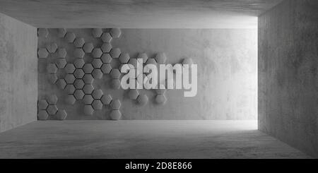 Abstract empty, modern concrete room with indirect lighting from side wall and hexagon honeycomb backwall - industrial interior background template, 3 Stock Photo